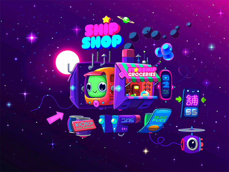 Space Cantina - Ship Shop aliens animation hip hop illustration japanese kawaii market music neon shop space spaceship