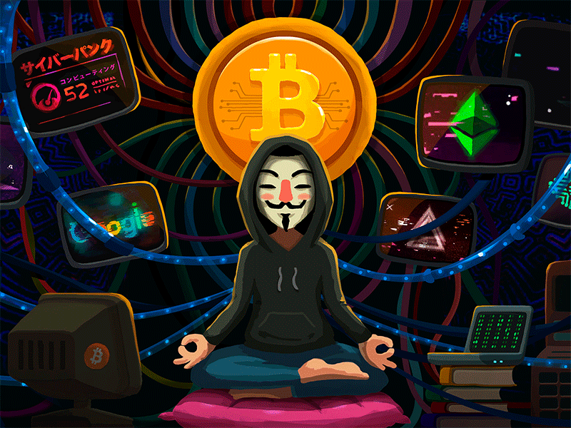 CRYPTO-MONK anonymous bitcoin computers crypto cryptoart cryptocurrency cyberpunk eth ethereum guy fawkes illustration meditation nft nft art