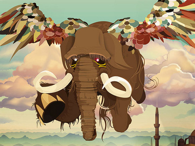 Mamu clouds elephant flying illustration lake mammoth mamut orient sky skyline wings
