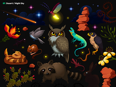 Garmin | Adventure Trail / 07. Desert props animals arizona cactus canyon clouds desert eagle firefly flower lizard moon nature night owl raccoon rocks shooting star sky snake viper