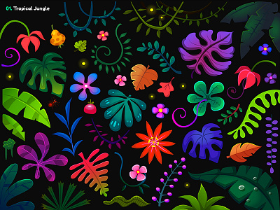 Garmin | Adventure Trail / 01A. Jungle Props design drawing flora flower forest fruits game illustration jungle leaf lush nature palm plants psychedelic selva vector vegetation vines wild