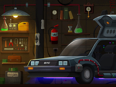 Crypto-Tower / 02. Doc's Garage (B) back to the future background design bitcoin car cryptocurrency delorean doc ethereum future garage illustration lab marty mcfly photoshop science