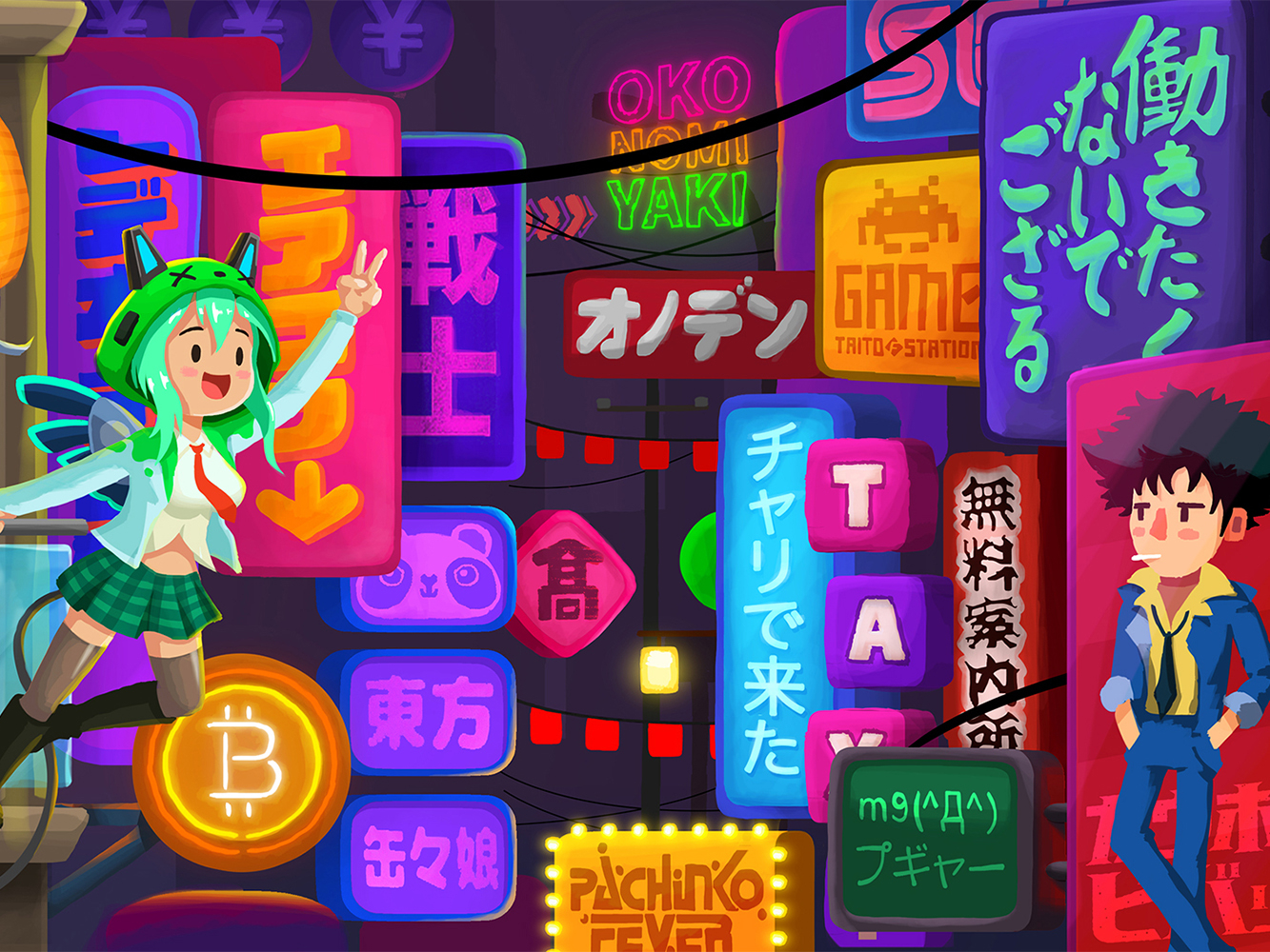 Crypto-Tower / 09. Tokyo Floor akihabara anime background design bitcoin character design cowboy bebop crypto crypto-game cryptocurrency electric game illustration japan japanese neon signs technology tokyo