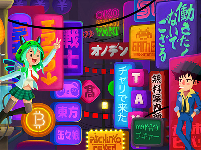 Crypto-Tower / 09. Tokyo Floor akihabara anime background design bitcoin character design cowboy bebop crypto crypto game cryptocurrency electric game illustration japan japanese neon signs technology tokyo
