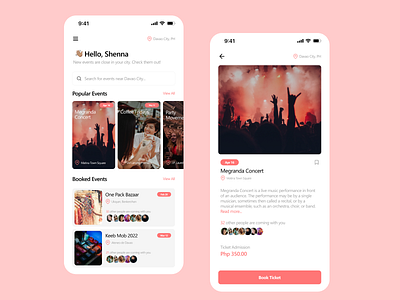 Event Booking App adobe xd app clean design concept design creative design event booking event booking app figma minimal design mobile app mobile app design pink reference design ui ui design uiux user interface ux