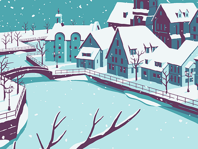 Lakeside Wintry Refuge gif holidays ice iceskating illustration illustrator lake minimal postcard smalltown snow town winter
