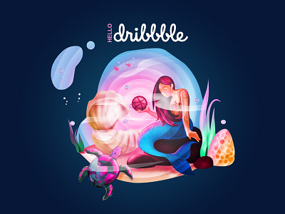 Hello Dribbble adobe animation art debut design digital art digital painting fish gradient illustration mermaid ocean photoshop turtle underwater vector wacom water