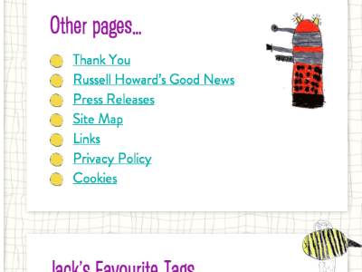Jack Draws Anything - sidebar + pages + tags bee bulletpoints bullets bumble bee bumblebee childrens crayon css3 dalek doctor who drawing hand drawn jack draws anything kids yellow