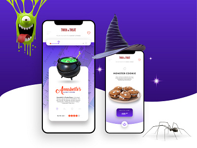 Trick or Treat / Ui Design 2019 3d app application color colour design green halloween halloween design illustrator iphone 10 iphonex purple ui uidesign vector
