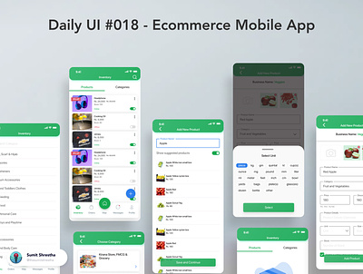 Daily UI #018 - Ecommerce Mobile App addproducts ecommerce productdetails productpage products splashscreen