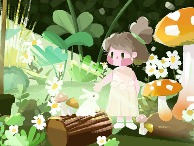 The little girl picking mushrooms