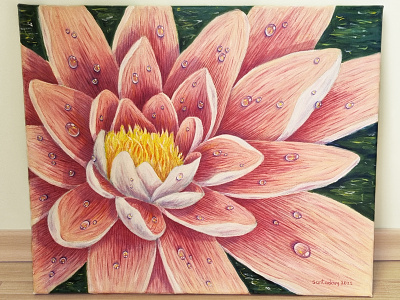 Water Lily art artwork detailed flora floral floral illustration flower illustration lily illustration nature oil on canvas oil paint painting pink water drop illustration water drops water lily
