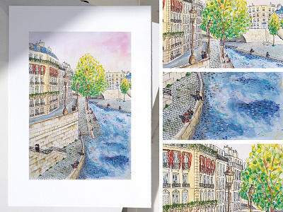 Evening At The Seine architecture art city illustration cityscape couple drawing france illustration paris paris illustration poster print river romantic seine river travel travel print watercolor watercolor illustration watercolor paris