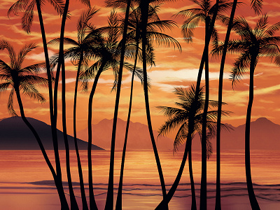 Scarface inspired tropical wallpaper 80s cloudy design illustration loop mountains palms photorealistic photoshop remake scarface sea shore sunset tropical vector vintage wallpaper