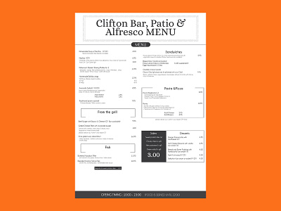 Clifton Bar, Patio & Alfresco Menu bar branding cafe design graphics menu menu bar menu card menu design restaraunt restaurant menu yummy menu