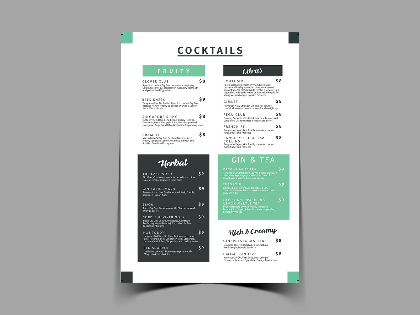 Cocktails Menu Card by Yummy Menus on Dribbble