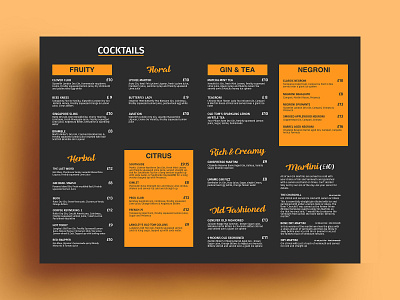 Cocktails Menu Card bar branding cafe cocktails cuisine design graphics meal menu menu bar menu card menu design restaraunt restaurant menu vegetarian yummy menu
