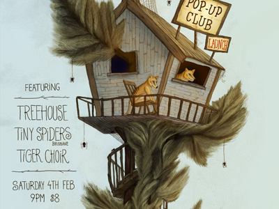 Pop Up Club #1 bands design illustration poster spiders thylacine treehouse