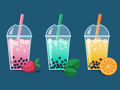 Tapioca bubbles tea with the taste of strawberries, mint, orange adobe illustrator drink food tapioka tea vector