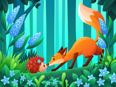 An unexpected meeting of a fox with a hedgehog adobe illustrator adorable animal character cute forest fox gradient hedgegog illustration illustrator vector