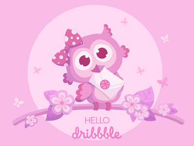 Cute owl with a letter welcomes you! adobeillustrator animal bird cute flower hello dribble illustrator lettering owl pink vector