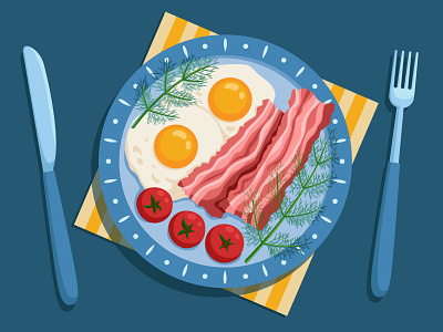 Fried eggs with bacon, cherry tomatoes and dill.