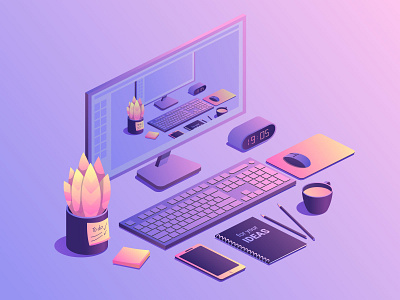 Isometric workplace concept adobe illustrator computer design gradient illustration isometric isometric art isometric design isometric illustration vector workplace
