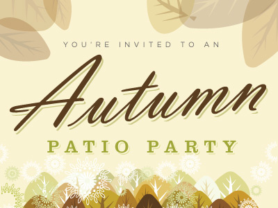 Patio party invite beige brown clarendon gotham leaves retro script vintage