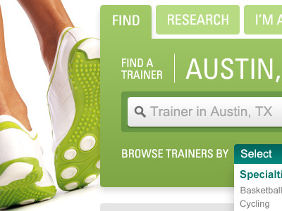 Fitness Training drop down green grey search shoe tab teal univers