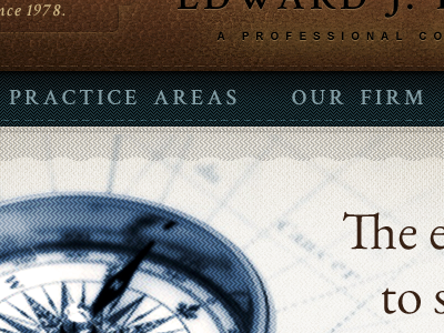 Law Firm Website leather fabric stitch navy blue brown texture layering effects ribbon compass vintage classic patterns crimson font eb garamond font @font-face fonts