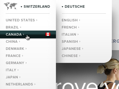Country + Language Menu drop down menu shadow proxima nova country selector navigation region banner header website map grey white layering modern contemporary fitness sport