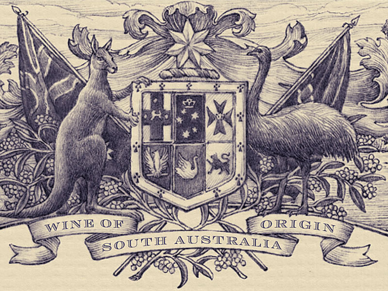 Australia Fair flag wine label engraving etching shield vintage simon frouws wine coat of arms kangaroo crest banner