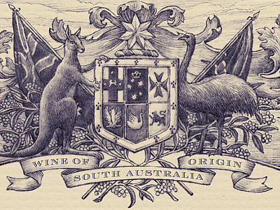 Australia Fair banner coat of arms crest engraving etching flag kangaroo shield simon frouws vintage wine wine label