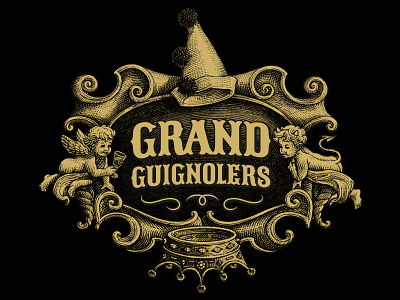 Grand Guignolers cherub crown engraving etching grand guignolers hat illustration luxury simon frouws theatre vintage woodcut