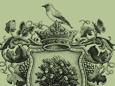 Coat-of-Arms bird butterfly engraving illustration luxury oak simon frouws vines vintage wine wine label woodcut