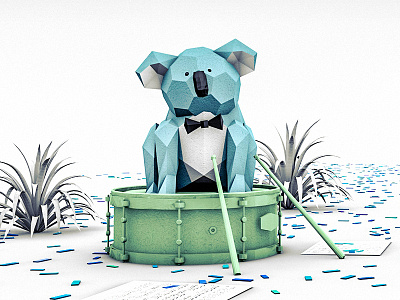 Koala on drum 3d c4d character cinema 4d illustration jazz koala modeling origami