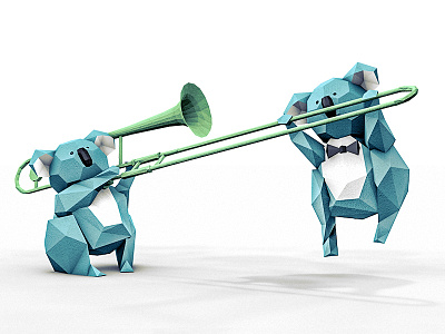 Koalas with trombone c4d character cinema 4d illustration jazz koala modeling origami