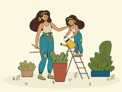 Girls field flowers blue cute flowers gardening girls illustration men plants vector vectorcharacters water the flowers yellow