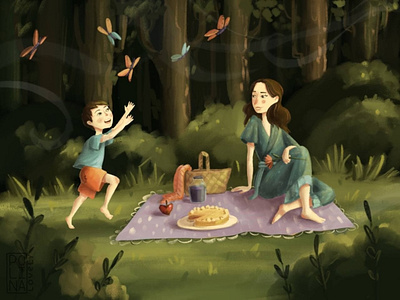 summer walk in the woods a family cute girls illustration men picnic son with mom summertime walk woods