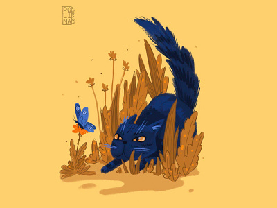 Cat and butterfly blue butterfly cat cat and butterfly cute flowers hunter illustration nature yellow