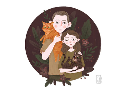 My family brown cats cute family girls husband illustration leaves love men plants