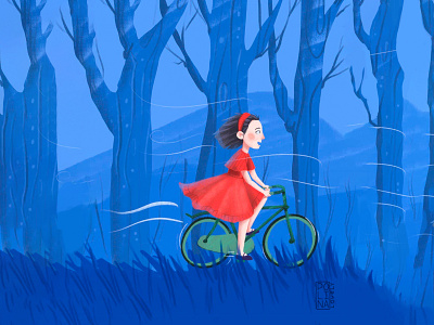First ride bicycle blue blue forest cute forest girl girls illustration new friend red