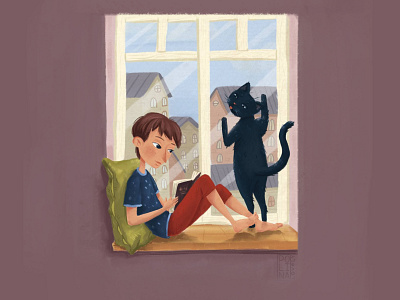 Karl prefers reading to walking on a summer day book boy boy reading boy with a cat cat illustration picture summer