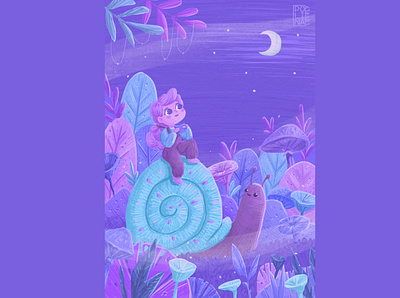 Girl on a snail art childrens illustration cute drawing girls illustration night pink procreate purple snail