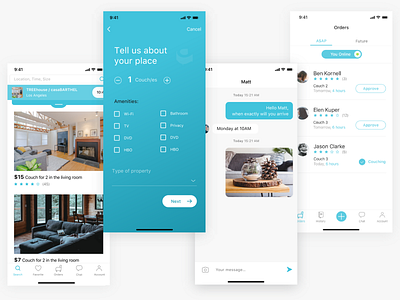 Couch IT App - screens app ui design feed hospitality icons ios app messaging mobile app mobile ui order registration travel app ui ui ux ux