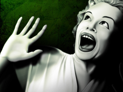 Attack of The Mad Scientist with 5 Brains! bw green illustration photoshop poster screaming woman