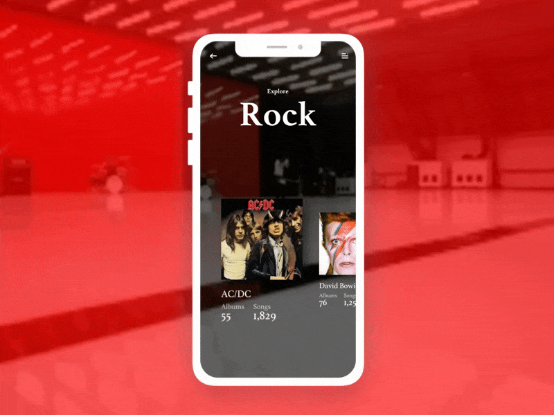 Rock artist list animation app bands digital dsign interactions mobile music music app player red rock ui ux
