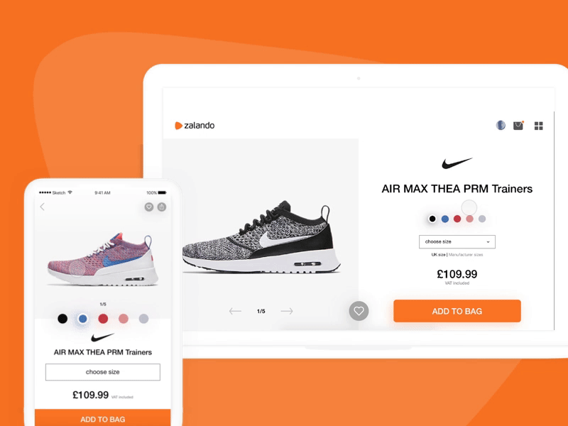 Zalando redesign concept add to bag app color picker desktop e commerce interaction design like mobile nike orange scroll shoes white