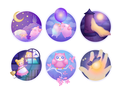 Illustrations for Fairy Tales 2d balloon bedtime stories cinderella dreams glowworm hand illustration moon owl rapunzel tale