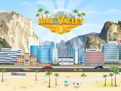 Bg for Idle Valley 2d background beach building car clicker illustration logo mountain palm tree silicon valley ui